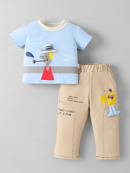 Hopscotch - 3D Applique Ribbed Pant With T-Shirt Blue