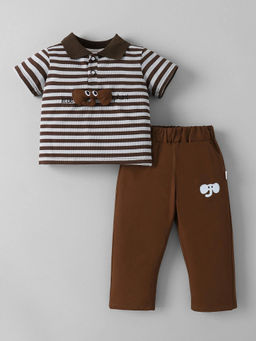 Hopscotch - 3D Applique Striped Pant With Polo T-Shirt Brown