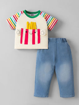 Hopscotch - 3D Applique T-Shirt And Denim Jeans Cream