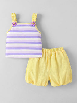 Hopscotch - Striped Top And Balloon Hem Shorts Purple