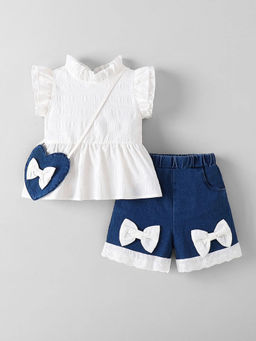 Hopscotch - Textured Top And Bow Applique Shorts White
