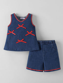 Hopscotch - Bow Applique Denim Shorts With Top Blue