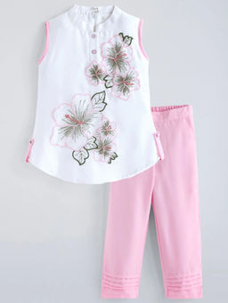 Hopscotch - Floral Embroidered Kurta With Pant White
