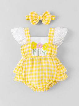 Hopscotch - Checkered Floral Embroidery Onesie Yellow