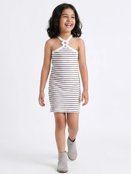 Hopscotch - Floral Applique Striped Dress White