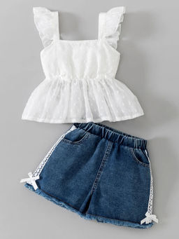 Hopscotch - Ruffled Top And Denim Shorts White