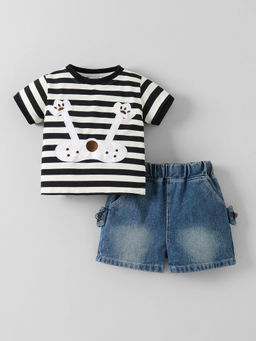 Hopscotch - Striped Animal Embroidery Short With T-Shirt Black