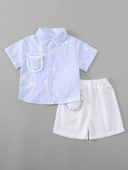 Hopscotch - Leaf Embroidery Collared Short With Shirt Blue