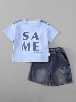 Hopscotch - Typography Denim Short With T-Shirt Blue