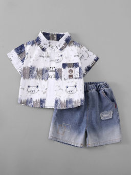 Hopscotch - Teddy Bear Collared Short With T-Shirt And Shirt White