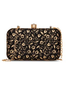 Zouk - Women Floral Printed Mashru Silk Black and Gold Clutch
