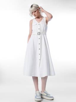 ONLY - Women Solid Fit and Flare White Dress With Belt