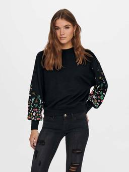 ONLY - Women Black Embroidered O-Neck Sweatshirt