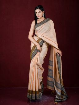 EXCLUSIVA - Cream Thread Embroidery Work Linen Saree with Unstitched Blouse