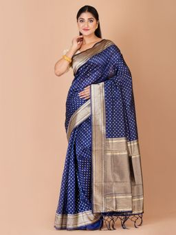 LAA CALCUTTA - Navy Blue Silk Banarasi Saree with Unstitched Blouse