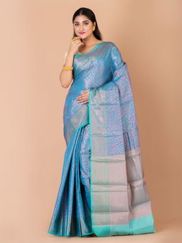 LAA CALCUTTA - Turquoise Blue Silk Banarasi Saree with Unstitched Blouse