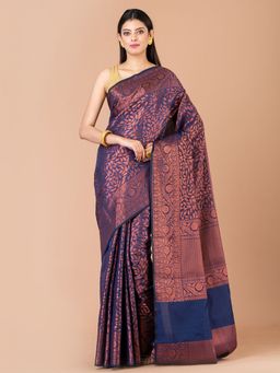 LAA CALCUTTA - Navy Blue Silk Banarasi Saree with Unstitched Blouse