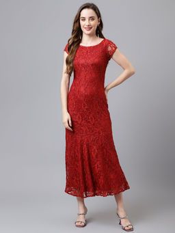 Latin Quarters - Women Rust Color Stylish Lace Maxi Dress