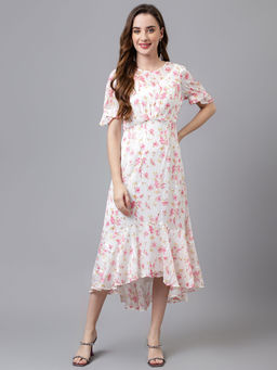 Latin Quarters - Women Floral Print Midi Length White and Pink Dress