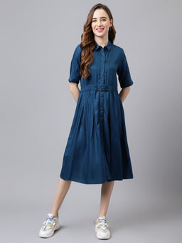 Latin Quarters - Women Button Down Blue Color Knee Length Dress