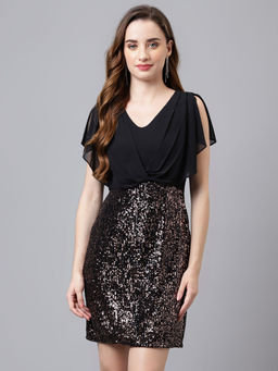 Latin Quarters - Women Black Color Cape Sleeve Mini Sequin Dress
