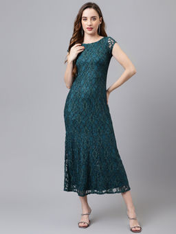 Latin Quarters - Women Self Design Green Cap Sleeve Maxi Dress