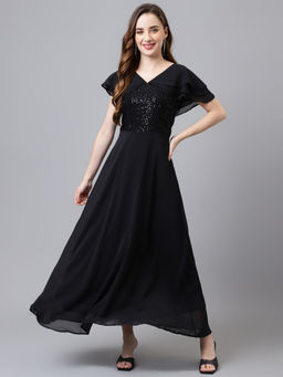Latin Quarters - Women Black Color Cap Sleeve Maxi Sequin Dress