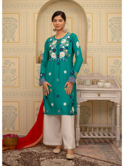 HOUSE OF KARI - Falak Kashmiri Turquoise Muslin Embroidered Kurta