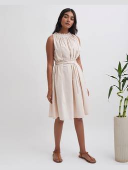 Gatsby Collection - Beige Summer Cloud Scalloped Tie Up Dress with Rope