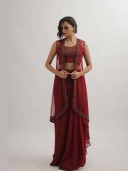 Gatsby Collection - Marron Droplets on Roses Top with Skirt