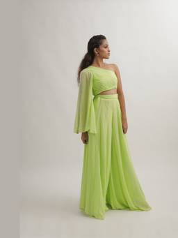 Gatsby Collection - Green Pleated One Shoulder Top with Palazzo