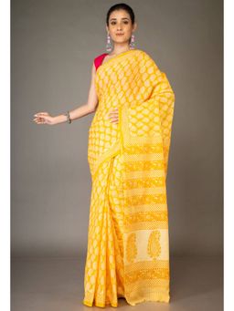 Unnati Silks - Yellow Pure Block Printed Superfine Mulmul Cotton Saree with Unstitched Blouse