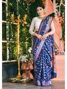 Beatitude - Blue Soft Modal Silk Saree with Unstitched Blouse Kashmiri Weaving