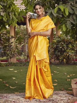 Akhilam - Womens Silk Blend Yellow Woven Design Designer Saree with Unstitched Blouse