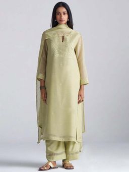 Ganga Fashions - Women Green Silk Top with Pant and Dupatta