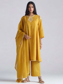 Ganga Fashions - Women Mustard Chanderi Top with Pant and Dupatta