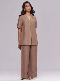 Ganga Fashions - Women Brown Linen Top with Pant