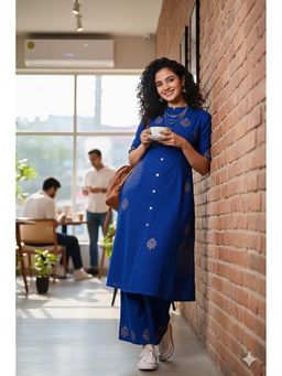 Indi Inside - Women Blue Cotton Kurta with Palazzo