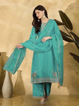KVS FAB - Women Teal Silk Blend Kurta with Pant