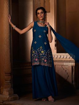 KVS FAB - Women Teal Silk Blend Kurta with Pant