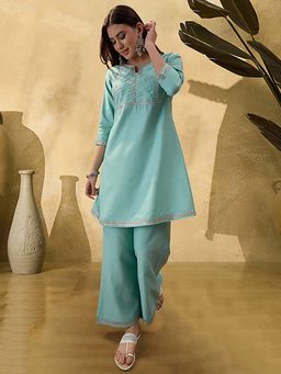 KVS FAB - Women Blue Silk Blend Kurta with Pant