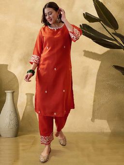 KVS FAB - Women Orange Cotton Blend Kurta with Pant