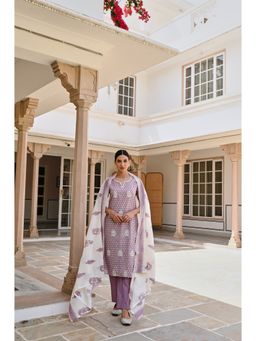 Karaj Jaipur - Purple Scattered Embroidered Kurta and Pant with Dupatta (Set of 3)