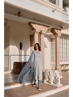 Karaj Jaipur - Blue Thread Embroidery Kurta and Pant with Dupatta (Set of 3)