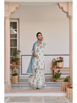 Karaj Jaipur - Blue And Cream Butta Kurta and Sharara with Dupatta (Set of 3)