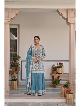 Karaj Jaipur - Blue Jaal Print Kurta and Skirt with Dupatta (Set of 3)