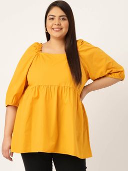 theRebelinme - Womens Mustard Solid Color Gathers Detailed Top