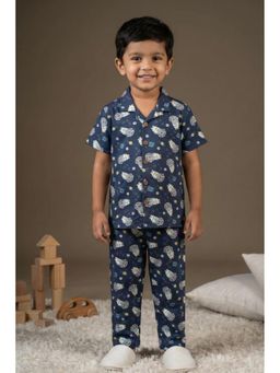 Lagorii - Navy Blue Space Astronaut Print Cotton Shirt and Pyjama