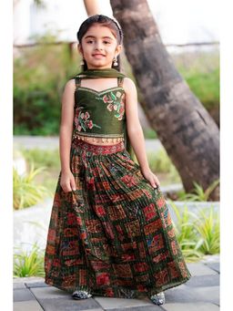 Lagorii - Green Embroidered Choli with Print Lehenga