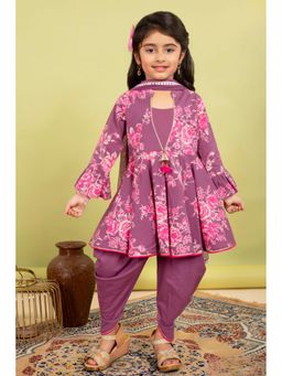 Lagorii - Purple Floral Printed Kurti with Dhoti and Dupatta